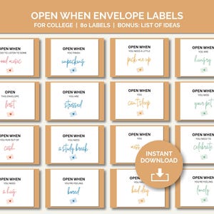 Open when envelopes college, 80 labels for open when envelopes to give to your daughter or son going to college, college care package gift