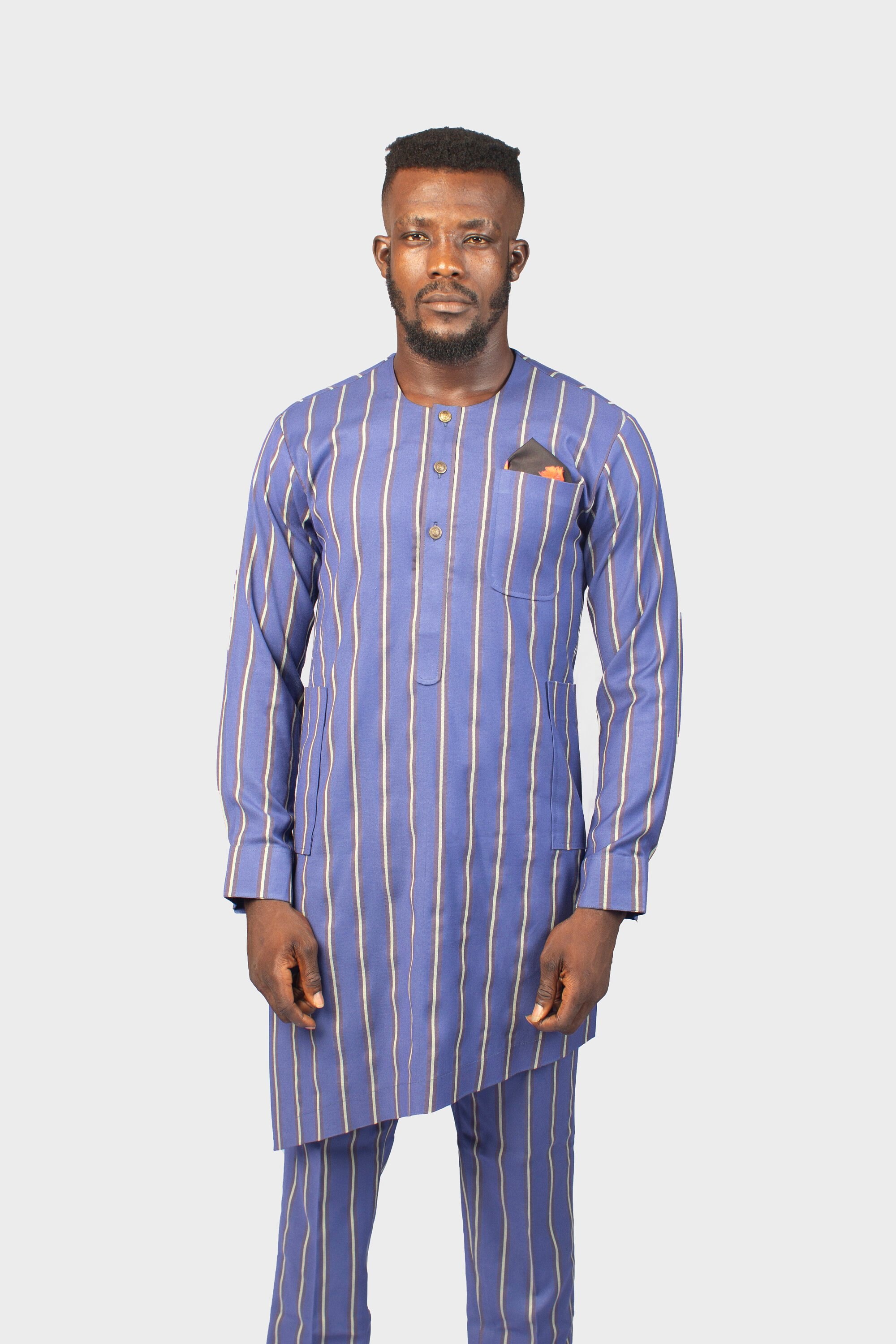 Diagonally Cut Chalk Stripe Blue Suit African Men Suit | Etsy