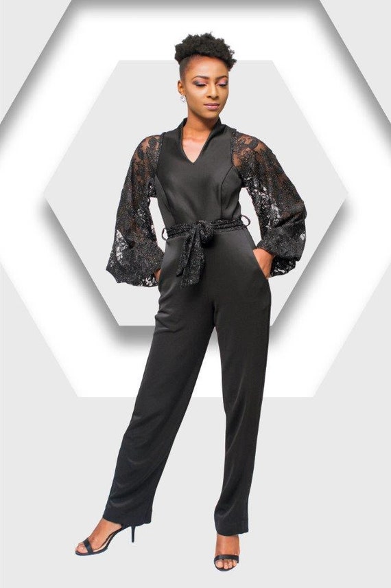 black jumpsuit with lace sleeves
