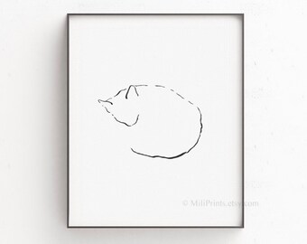 Cat Line Art Ink Drawing Cat Cat Sketch Drawing Cat Line Etsy