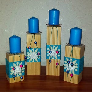 2pcs Candlestick Set Tealight Holder Wooden Post Advent Wreath Winter Christmas Candle Holder Candle Wood Star Blue Snowflake image 2