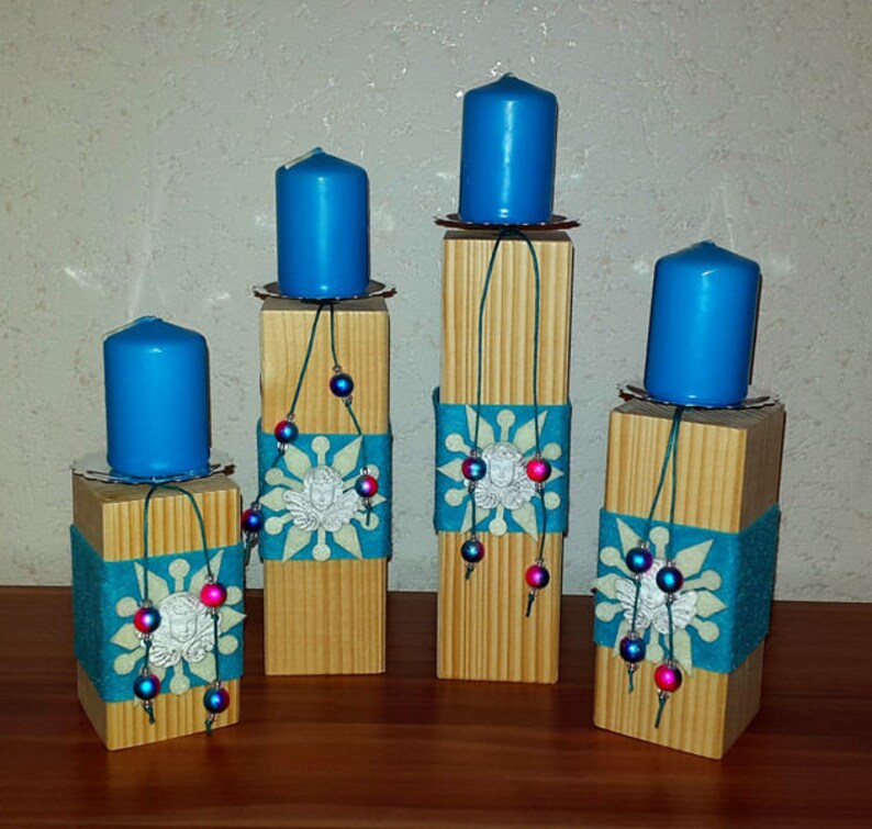 2pcs Candlestick Set Tealight Holder Wooden Post Advent Wreath Winter Christmas Candle Holder Candle Wood Star Blue Snowflake image 2