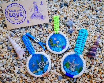 Mini Aquarium Cat Starfish Steering Wheel Anchor Keychain Pendant Pocket Tree Paracord Ocean Shells Bringaway Gift Resin