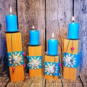 2pcs Candlestick Set Tealight Holder Wooden Post Advent Wreath Winter Christmas Candle Holder Candle Wood Star Blue Snowflake image 1