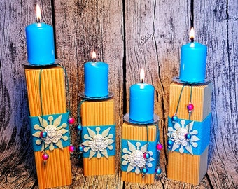 2pcs Candlestick Set - Tealight Holder Wooden Post Advent Wreath Winter Christmas Candle Holder Candle Wood Star Blue Snowflake