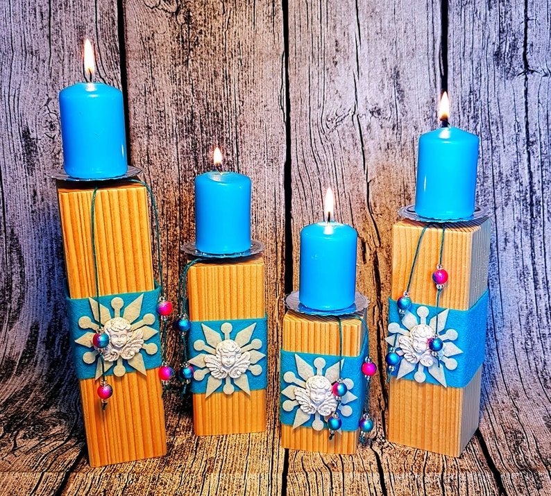 2pcs Candlestick Set Tealight Holder Wooden Post Advent Wreath Winter Christmas Candle Holder Candle Wood Star Blue Snowflake image 1