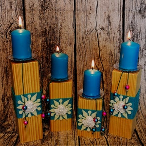 2pcs Candlestick Set Tealight Holder Wooden Post Advent Wreath Winter Christmas Candle Holder Candle Wood Star Blue Snowflake image 3