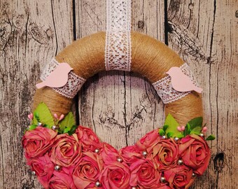 Door Wreath Wall Decoration Spring Wreath with Paper Roses Roses Lace Birds Flowers Spring Summer Decoration Rosary Wedding