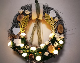 Autumn glowing mushrooms on wooden door wreath with LED lighting decoration lamp light natural decoration