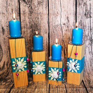 2pcs Candlestick Set Tealight Holder Wooden Post Advent Wreath Winter Christmas Candle Holder Candle Wood Star Blue Snowflake image 5