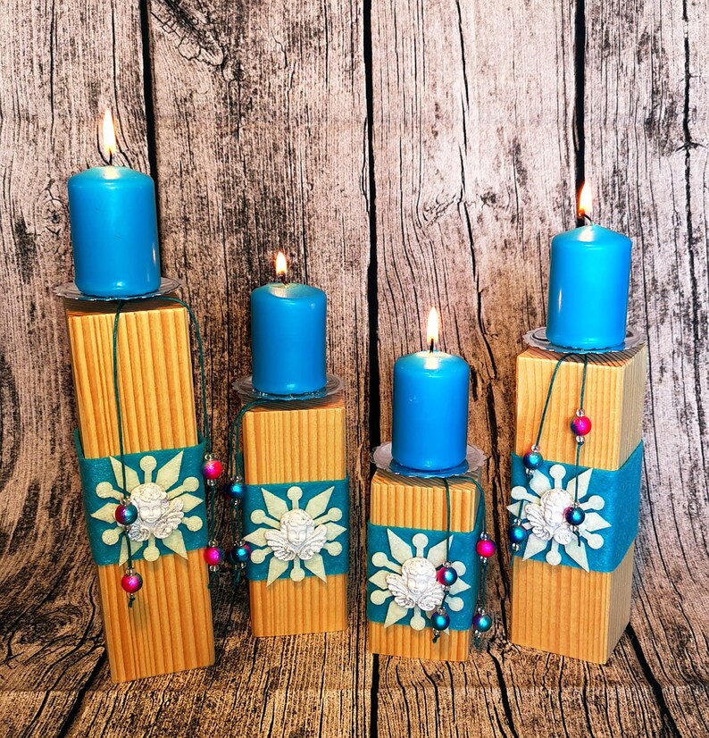 2pcs Candlestick Set Tealight Holder Wooden Post Advent Wreath Winter Christmas Candle Holder Candle Wood Star Blue Snowflake image 5