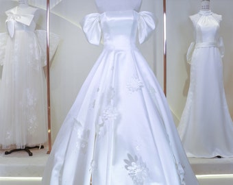 Off-Shoulder-Ärmel-Hochzeitskleid mit 3D-Blumen, Brautkleid, anmutiges leichtes Kleid mit Schleppe, Brautkleid, A-Linien-Kleid, individuelles Kleid