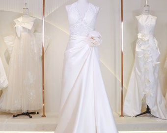 V-Neckline Champagne Satin Wedding Dress  Lace Bridal Dress with Train Vintage 3D Flower Light Gown, Lace-up Bridal Gown Floor