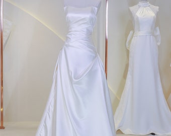 Trägerloses Satin-Hochzeitskleid, Elfenbein-Brautkleid, anmutiges leichtes Kleid mit Schleppe, Brautkleid, Wickelkleid für Hochzeit, individuelles Kleid