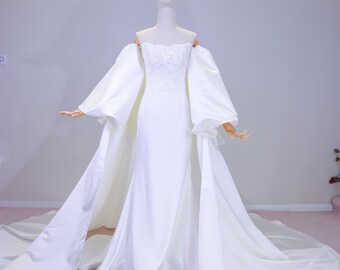 Kleid mit Cape-Ärmeln, Taft-Hochzeitskleid, Spitzen-Brautkleid, Prinzessin-Meerjungfrau-Hochzeitskleid mit abnehmbarer Schleppe, individuelles Kleid