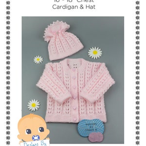 May include: A pink knitted baby cardigan and hat set for a 16-18 inch chest. The cardigan has a lacy pattern and is fastened with pink buttons. The hat has a scalloped edge.