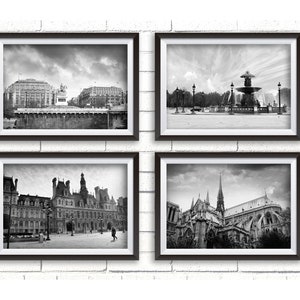 Set of 4 photos, photographs of Paris in black and white, delivered without frames, Notre-Dame, Place de la Concorde, Paris Town Hall.