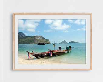 Fotografie van Thailand, Koh Samui, Ang Thong National Park, Thaise Longtails-boten, strand, huisdeco, beeldende kunst, foto of canvas.