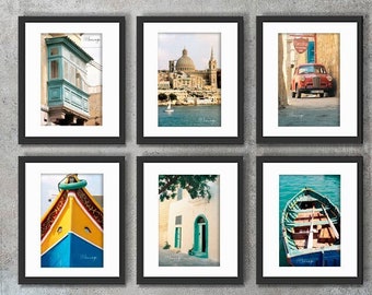 Set van 6 foto's van Malta, Valletta, haven van Marsaxlokk, kunst aan de muur, beeldende kunst, home deco, in kleur of zwart-wit.