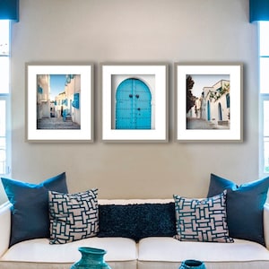 Set of 3 photos of Tunisia, atmosphere in Sidi Bou Saïd, delivered without frames, wall art, fine art, color or black and white photos.