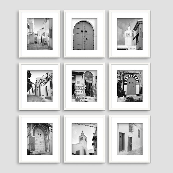 Ensemble de 9 photos de Tunisie, vues de Sidi Bou Saïd, couleur ou noir et blanc, format carré ou vertical, wall art, fine art, home decor.