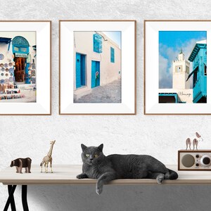 Set of 3 photos of Tunisia, Village of Sidi Bou Said, Atmosphere in the streets, wall art, fine art, color or black and white photos.