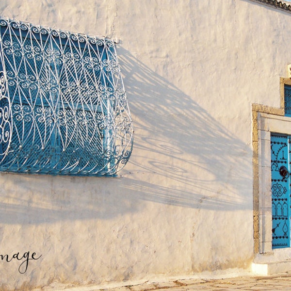 Photograph of Tunisia, Village of Sidi Bou Said, typical facade, home decor, fine art, photo or canvas.