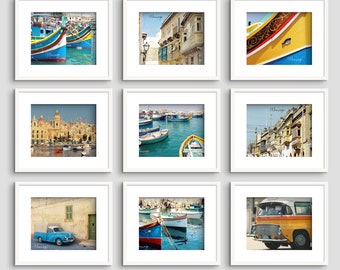 Set van 9 foto's van Malta, Valletta, kleur of zwart-wit, vierkant of landschapsformaat, kunst aan de muur, beeldende kunst, interieur.