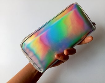 Cartera larga holográfica, iridiscente, billetera de vinilo, bolso holográfico, billetera metalizada