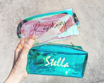 Personalisierte holografische Schminktasche, schillerndes Vinyl, transparente holografische Tasche, Brautjungfern-Schminktasche, Junggesellinnen-Party-Geschenk