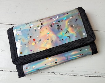 Billetera holográfica Galaxy, billetera triple, iridiscente, billetera de vinilo, bolso holográfico, billetera metálica