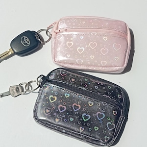 Monedero con llavero de corazón y arcoíris, bonito monedero, bolsa holográfica con forma de corazón, billetera con cremallera