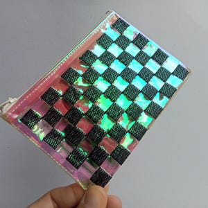 Hologram Checkered Wallet, iridescent coin purse, Glitter wallet, Clear zipper pouch, transparent wallet