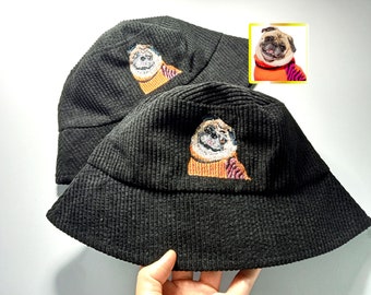 Cappello da secchiello per cani personalizzato, cane che indossa abiti, cappello con ritratto di animale domestico ricamato, cappello per animali da foto, cane, gatto, regalo per mamma, papà, amanti dei cani