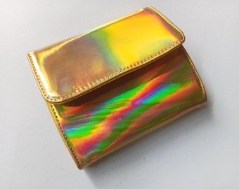 Cartera holográfica dorada, cartera de vinilo, bolso holográfico, cartera dorada