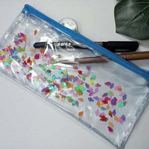 Tiny Fish Liquid Pencil case,Glitter clear bag ,Cosmetic bag,Small fish Pencil bag,Clear bag,transparent,Back to school ,Gift for her