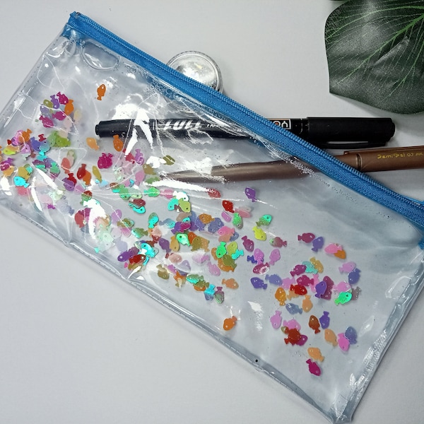 Petit étui à crayons liquide poisson, sac transparent scintillant, sac à cosmétiques, petit sac à crayons poisson, sac transparent, transparent, retour à l'école, cadeau pour elle