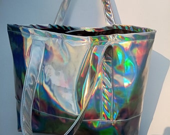 Holographic Tote Bag ,iridescent vinyl purse, Holographic bag, Metallic tote bags