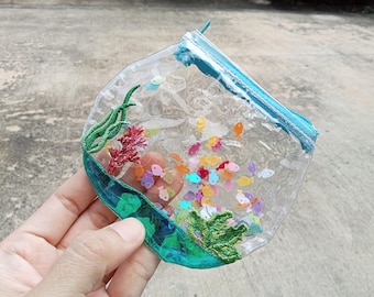Tiny Fish Bowl Glitter Clear Wallet, transparent coin purse, clear pouch, Aquarium Fish, jelly wallet