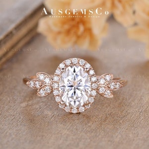 1.5ct Moissanite Engagement Ring Rose Gold Vine Leaf Ring Oval Cut Moissanite Ring Floral Bridal Wedding Ring Women Halo Diamond Ring Flower