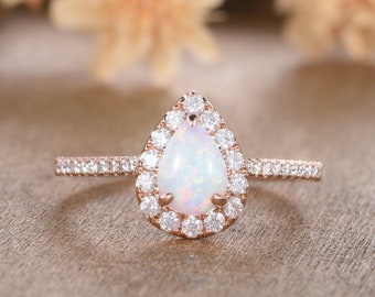 Pear Shaped Opal Engagement Ring Rose Gold Oval Cut Natural Opal Moissanite Half Eternity Wedding Promise Women Bridal Anniversary Gift