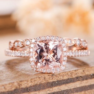 Rose Gold Morganite Engagement Ring Set Bridal Set Cushion Cut Halo Diamond Half Eternity Wedding Ring Anniversary Gift For Women Simple