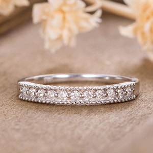 White Gold Art Deco Wedding Band Women Diamond Bridal Wedding Ring Delicate Dainty Stacking Matching Anniversary Gift For Her Eternity