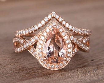 Pear Shaped Engagement Ring Rose Gold Morganite Ring Set Bridal Set Halo Diamond Infinity Band Women Unique Antique Wedding Ring Anniversary