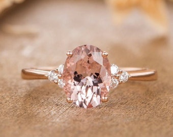 Morganite Engagement Ring Rose Gold Bridal Ring Cluster Solitaire Oval Cut Half Eternity Diamond Simple Women Anniversary Antique Wedding