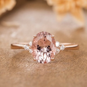 Morganite Engagement Ring Rose Gold Bridal Ring Cluster Solitaire Oval Cut Half Eternity Diamond Simple Women Anniversary Antique Wedding image 1