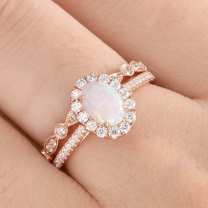 Lab Opal Engagement Ring Bridal Set Rose Gold Oval Cut Diamond Wedding Ring Halo Half Eternity Unique Promise Women 2pcs Art Deco Milgrain