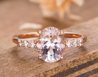 Morganite Engagement Ring Rose Gold Bridal Ring Solitaire Oval Cut Half Eternity Diamond Simple Women Anniversary Antique Wedding Ring