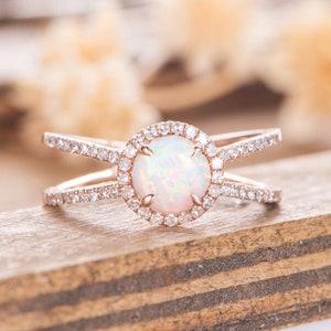 Rose Gold Engagement Ring Lab Opal Halo X Ring Half Eternity Natural Diamond Split Shank Unique Ring For Women Anniversary Personalised Gift