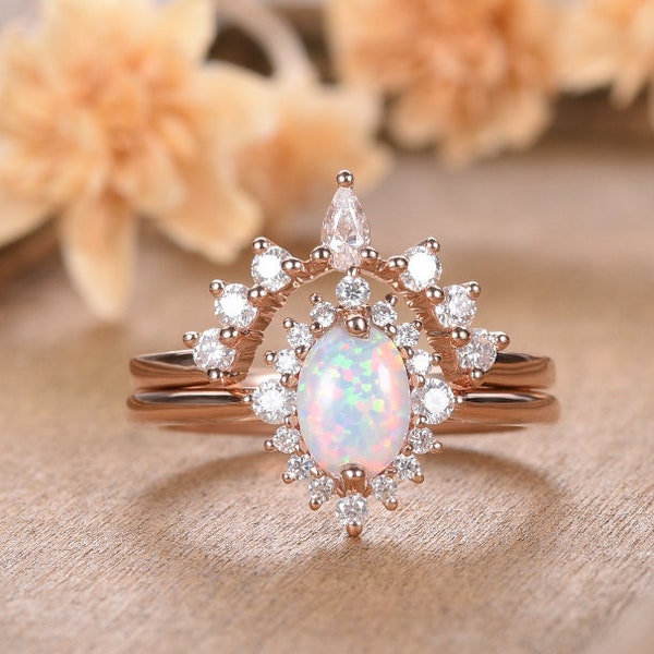 Oval Cut Opal Engagement Ring Rose Gold Bridal Set Moissanite Curved V Shaped Wedding Ring Half Eternity Women Unique Anniversary Gift Ring